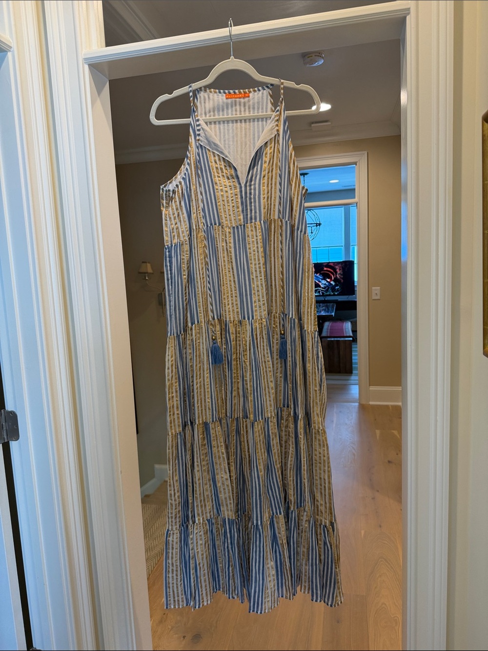 Oliphant Sleeveless Blue cream and gold Striped Tiered Maxi Dress